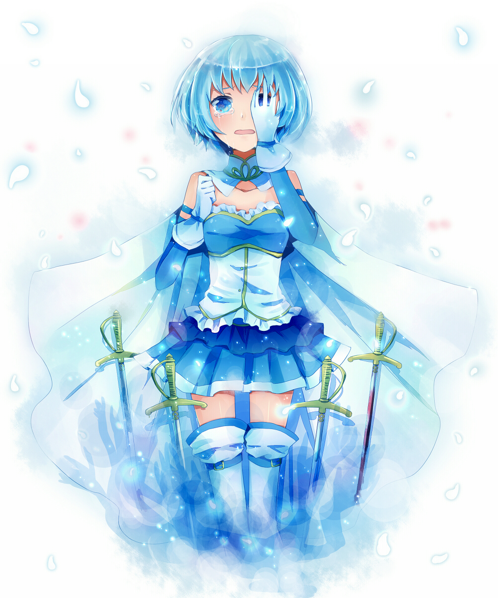 10s, 1girl, bad_id, bad_pixiv_id, bare_shoulders, blue_eyes, blue_hair, cape