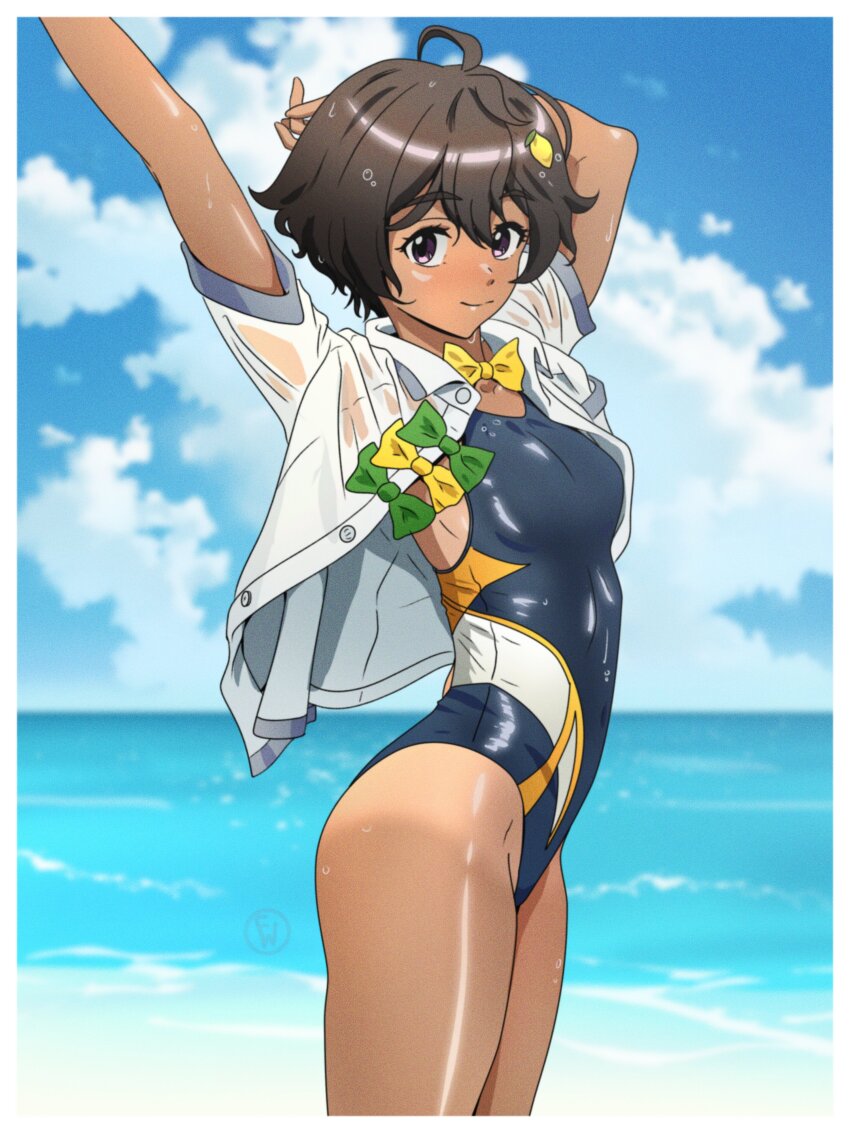 1girl, absurdres, ahoge, arms_up, beach, black_hair, border, bow