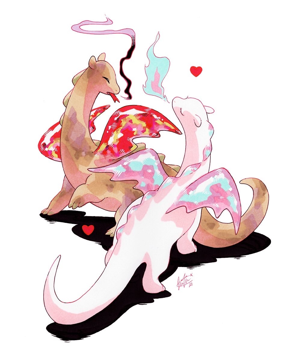 animal, animal_focus, beanie_babies, black_eyes, blue_fire, breath_weapon, breathing_fire, breathing_smoke, brown_fur, closed_eyes, colored_smoke, commentary, creature, dragon, english_commentary, fire, fleebites, heart, highres, iridescent, magic_(beanie_babies), no_humans, pink_fire, pink_wings, red_wings, scorch_(beanie_babies), shadow, signature, simple_background, smoke, standing, tongue, white_background, white_fur, wings