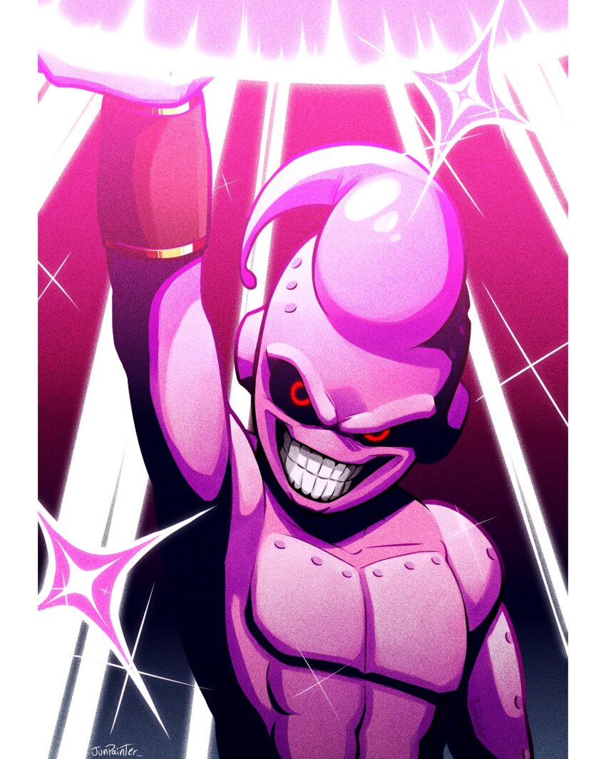 1boy, arm_up, aura, bare_pectorals, black_sclera, bracer, clenched_teeth, collarbone