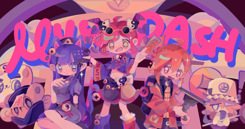 3girls, :d, ahoge, animal_ears, backpack, bag, black_bag, blue_dress