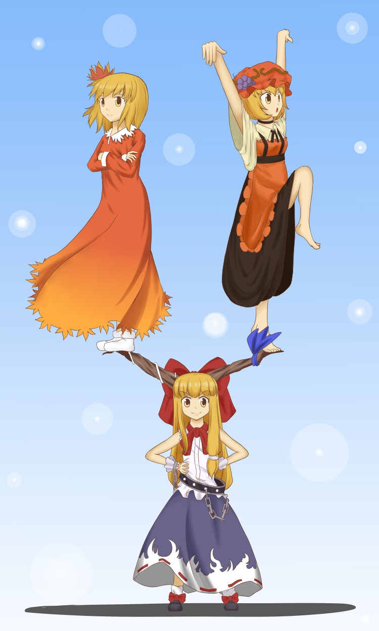3girls, aki_minoriko, aki_shizuha, bad_id, bad_pixiv_id, balancing, barefoot, blonde_hair
