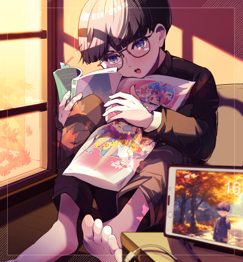 1boy, absurdres, barefoot, black_hair, black_jacket, black_pants, blue_eyes, blurry