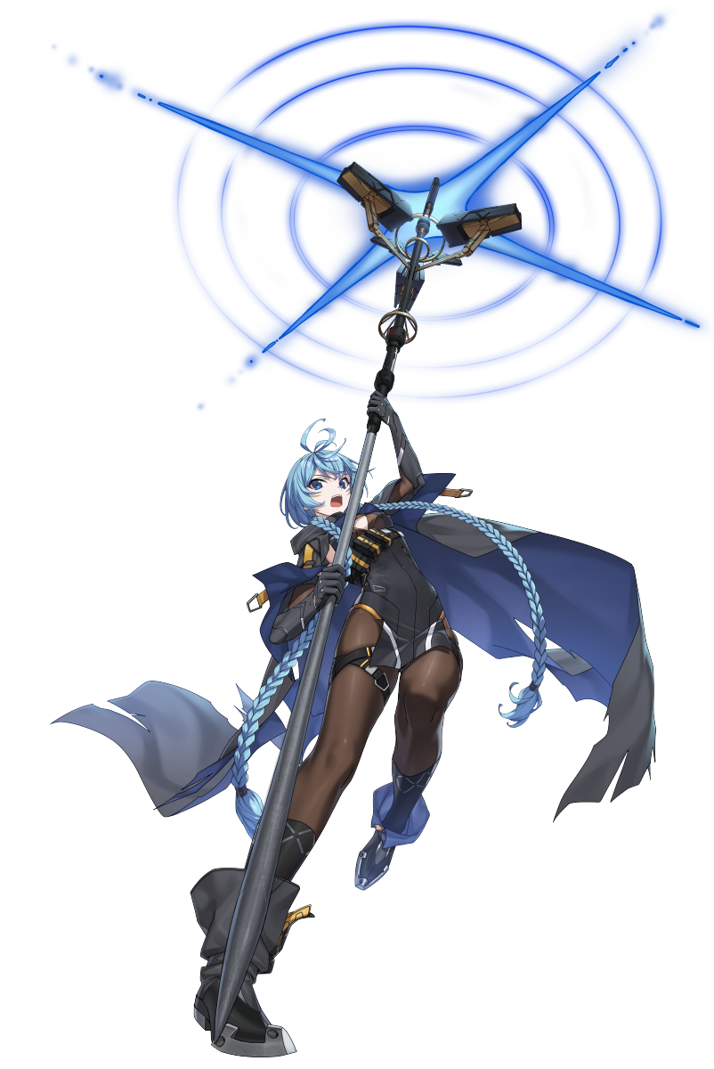 1girl, anila_(counter:side), antenna_hair, black_cape, black_footwear, black_gloves, black_leotard, black_socks