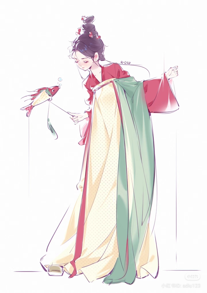 1girl, adiu, bad_source, breasts, cleavage, closed_eyes, dress, fish, flower, hair_flower, hair_ornament, hanfu, highres, original, polka_dot, polka_dot_dress, purple_hair, qixiong_ruqun, solo, standing, tall_hair, tang_dynasty, yellow_dress, yellow_hanfu