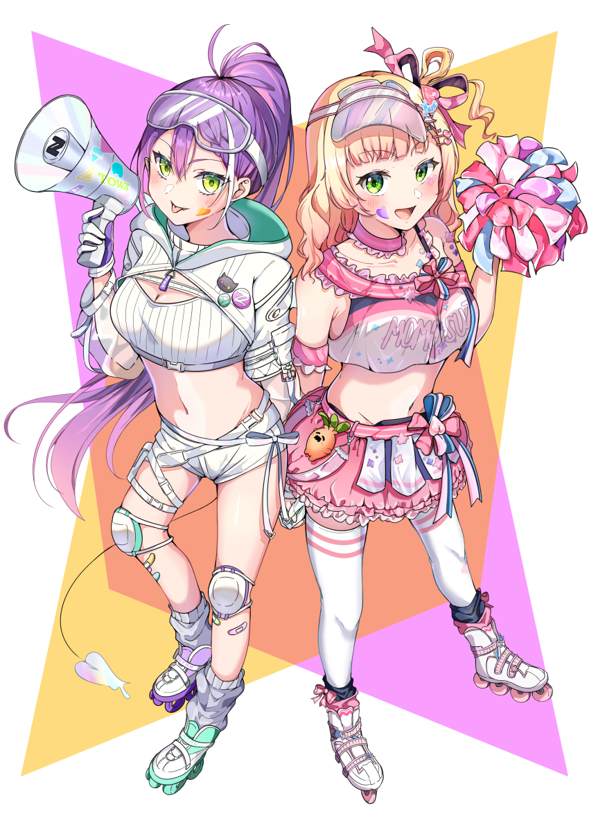 2girls, :p, absurdres, arm_garter, bandaid, bandaid_on_leg, belt, blonde_hair