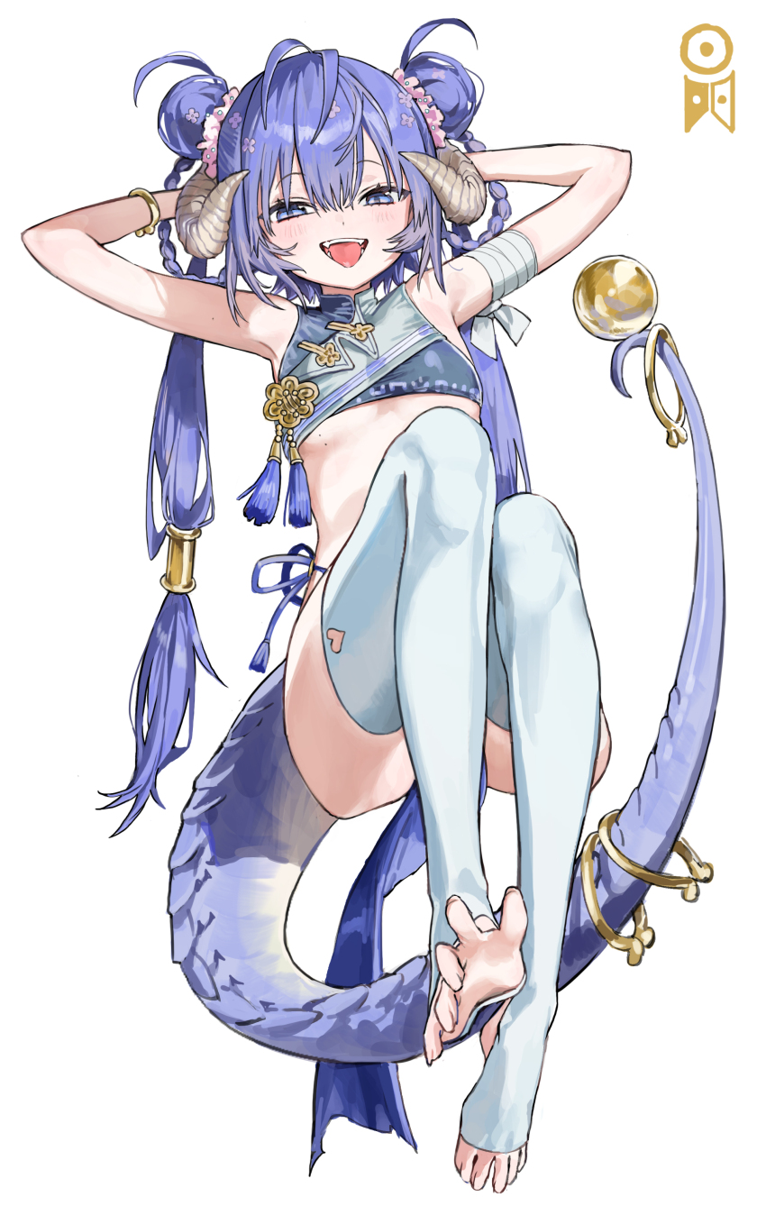 1girl, absurdres, antenna_hair, arms_behind_head, bandaged_arm, bandages, bracelet, braid, breasts, double_bun, dragon_girl, dragon_horns, dragon_tail, fangs, feet, full_body, gold_bracelet, gold_hairband, gold_ring, grin, hair_between_eyes, hair_bun, hair_flower_band, hair_ornament, hairband, highres, horns, jewelry, knees_up, orb, original, pelvic_curtain, purple_hair, scales, seeshin_see, small_breasts, smile, solo, tail, tail_ornament, teeth, thighhighs, toes, tongue, tongue_out, tribal, twin_braids, underboob