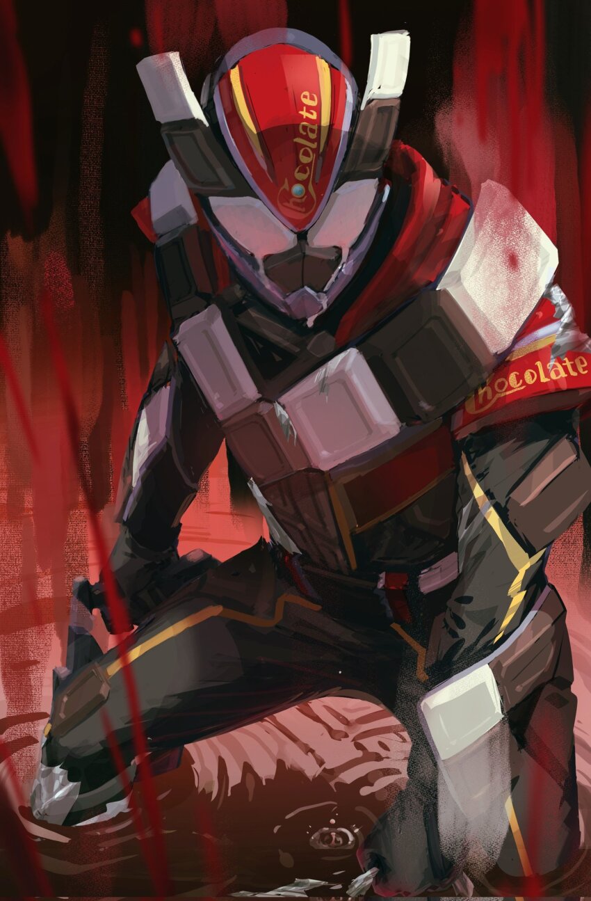 1boy, armor, brown_armor, chocodon_gochizou, cowboy_shot, english_text, gun, highres