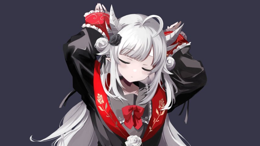 1girl, ahoge, arms_up, black_flower, black_rose, black_sailor_collar, black_shirt, blush