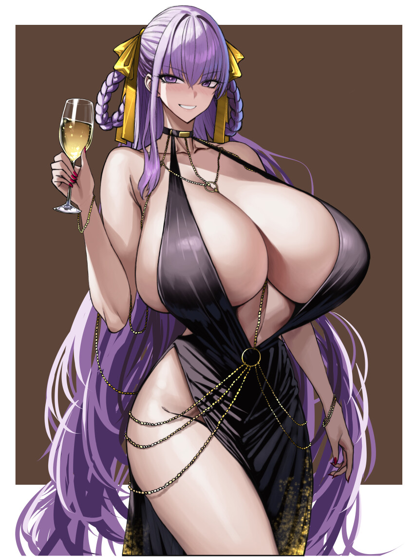 1girl, absurdres, alternate_breast_size_(larger), bare_shoulders, bb_(fate), bb_dubai_(fate), black_dress, braid