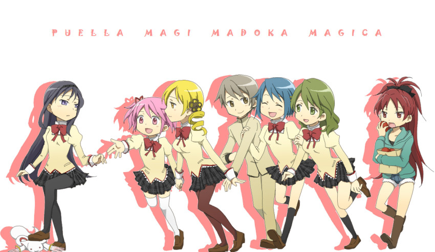 10s, 1boy, 6+girls, :d, akemi_homura, apple, arm_hug, bag