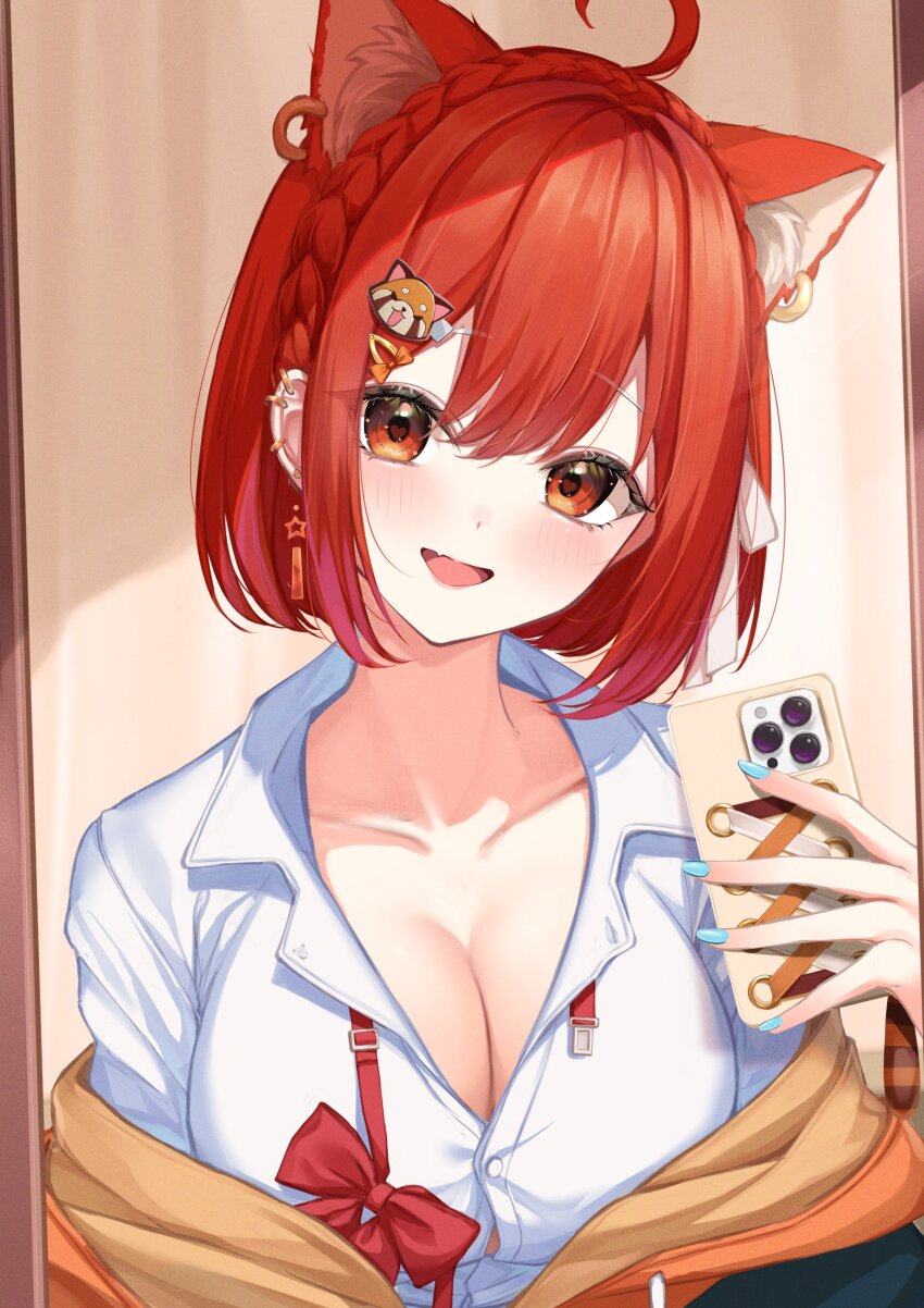 1girl, absurdres, animal_ear_fluff, animal_ear_piercing, animal_ears, animal_hair_ornament, black_jacket, blue_nails