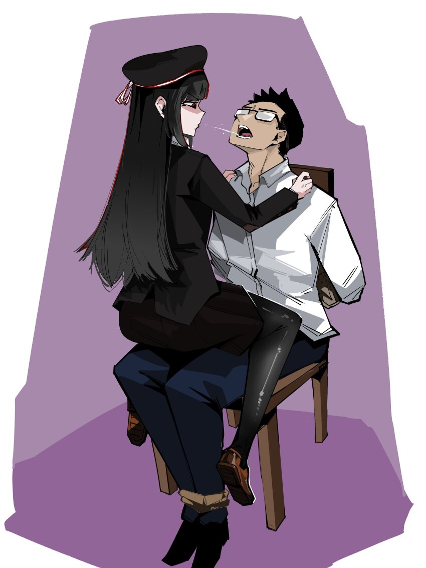 1boy, 1girl, absurdres, banmin_chan, bdsm, beret, black_hat, black_jacket