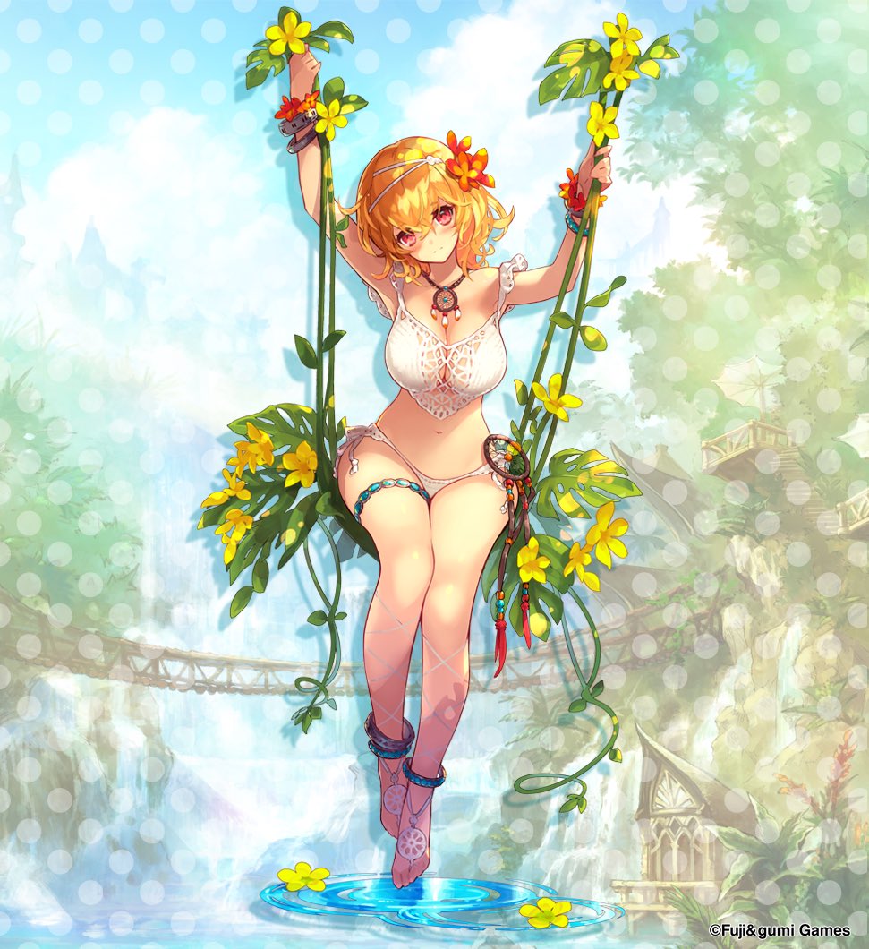 1girl, anklet, barefoot, barefoot_sandals_(jewelry), bikini, blonde_hair, blurry, blurry_background, bracelet, breasts, closed_mouth, da-kuro, eros_(phantom_of_the_kill), flower, full_body, hair_flower, hair_ornament, jewelry, looking_at_viewer, official_alternate_costume, official_art, on_swing, outdoors, phantom_of_the_kill, red_eyes, second-party_source, sitting, solo, swimsuit, swing, thighs, white_bikini