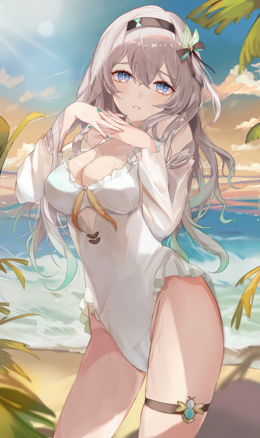 1girl, absurdres, beach, black_hairband, blue_sky, breasts, cleavage, commentary_request