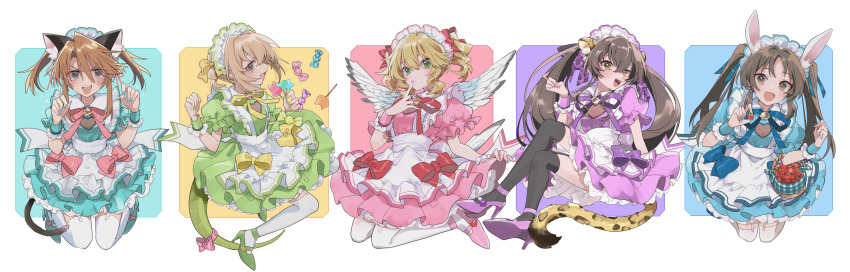 5girls, absurdres, alternate_costume, animal_ears, apron, bird_tail, blonde_hair, blush, border, bow, brown_hair, candy, cat_ears, cat_tail, column_lineup, commentary_request, enmaided, feathered_wings, finger_to_mouth, fingernails, food, frilled_apron, frills, fruit, full_body, garter_straps, high_heels, highres, idolmaster, idolmaster_cinderella_girls, iguana_tail, koga_koharu, legs_folded, leopard_ears, leopard_tail, looking_at_viewer, maid, maid_apron, maid_headdress, matoba_risa, mochino, multiple_girls, nail_polish, orange_hair, puffy_short_sleeves, puffy_sleeves, rabbit_ears, sakurai_momoka, short_sleeves, sidelocks, smile, strawberry, tachibana_arisu, tail, tail_bow, tail_ornament, thighhighs, twintails, waist_apron, white_apron, white_border, white_garter_straps, white_thighhighs, white_wings, wings, wristband, yuuki_haru