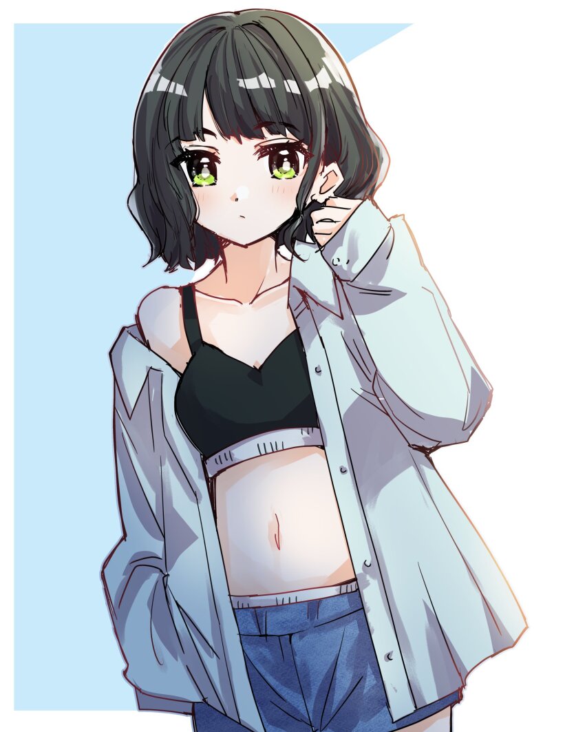 1girl, black_hair, black_sports_bra, blue_background, blue_shirt, blue_shorts, blunt_bangs, bob_cut