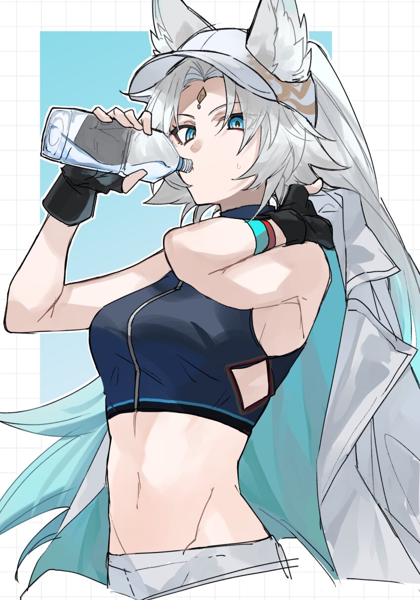 1girl, absurdres, animal_ear_fluff, animal_ears, armpits, bare_shoulders, baseball_cap, bottle