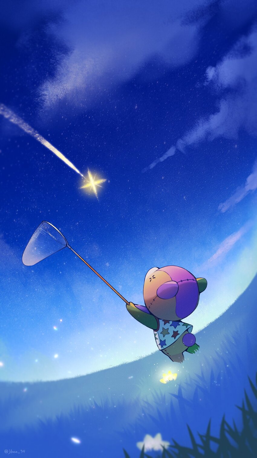 1boy, animal_crossing, animal_ears, bear_boy, bear_ears, butterfly_net, cloud, commentary_request