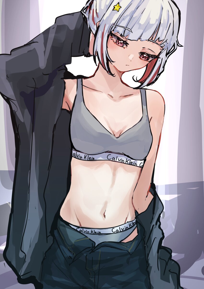 1girl, absurdres, black_jacket, black_pants, bob_cut, calvin_klein, check_commentary, closed_mouth, clothes_writing, collarbone, colored_inner_hair, commentary_request, cowboy_shot, diagonal_bangs, grey_hair, grey_panties, grey_sports_bra, hair_ornament, highres, inverted_bob, jacket, jin_(oihlf), link!_like!_love_live!, love_live!, multicolored_hair, open_clothes, open_fly, open_jacket, panties, pants, pink_eyes, red_hair, short_hair, single_off_shoulder, solo, sports_bra, star_(symbol), star_hair_ornament, streaked_hair, underwear, underwear_writing, virtual_youtuber, yugiri_tsuzuri