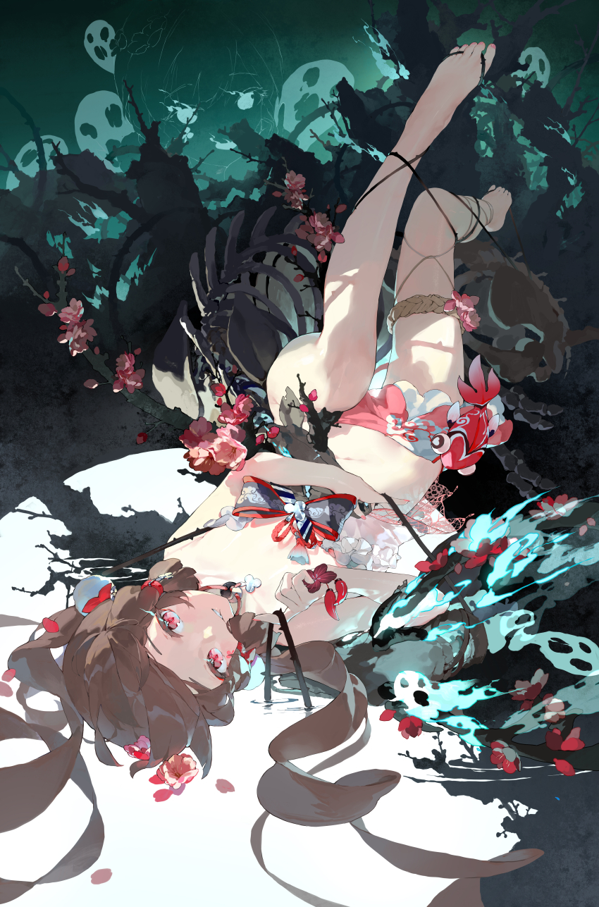 1girl, absurdres, bare_legs, bare_shoulders, barefoot, bodhi_wushushenghua, bone, bow, breasts, chinese_clothes, flaming_eye, flaming_mouth, flower, garter_belt, ghost, hair_in_own_mouth, highres, koi, legs_up, light_smile, long_eyelashes, looking_at_viewer, lying, midriff, nail_polish, on_back, original, plant, red_eyes, red_flower, skeleton, small_breasts, smoke, thighs, thorns, tree_stump, vines, yin_yang