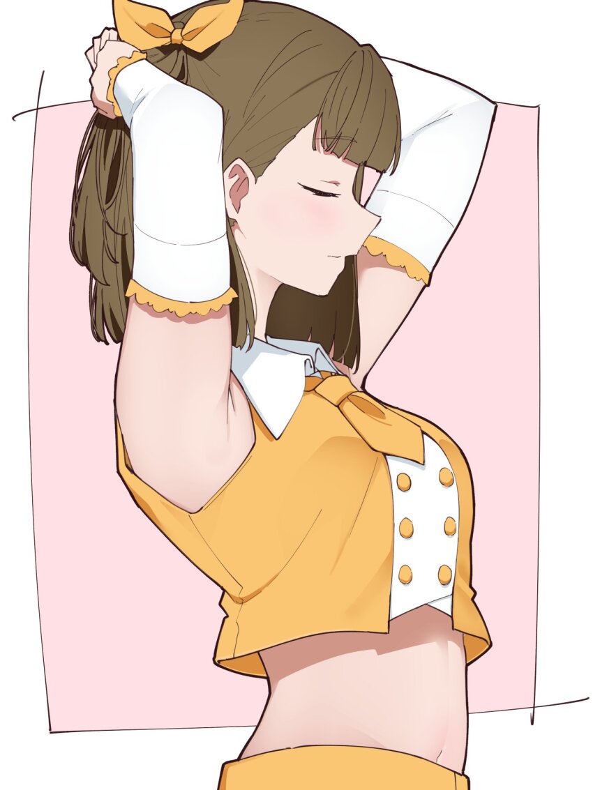 1girl, armpits, arms_up, border, bow, breasts, brown_hair, buttons, center-flap_bangs, closed_eyes, closed_mouth, collared_shirt, detached_sleeves, double-breasted, from_side, hair_bow, hashtag-only_commentary, highres, kachimachi_kosuzu, link!_like!_love_live!, liz_(piyoko_piyop), long_hair, love_live!, medium_breasts, midriff, navel, necktie, official_alternate_costume, outside_border, pink_background, profile, proof_(love_live!), shirt, sideways_mouth, simple_background, sleeveless, sleeveless_shirt, solo, straight_hair, tying_hair, upper_body, virtual_youtuber, white_border, white_sleeves, yellow_bow, yellow_necktie, yellow_shirt