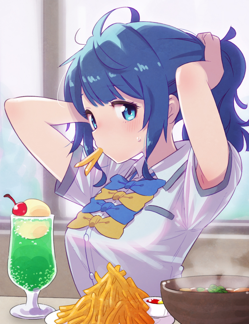 1girl, ahoge, arms_behind_head, blue_bow, blue_bowtie, blue_eyes, blue_hair, blush