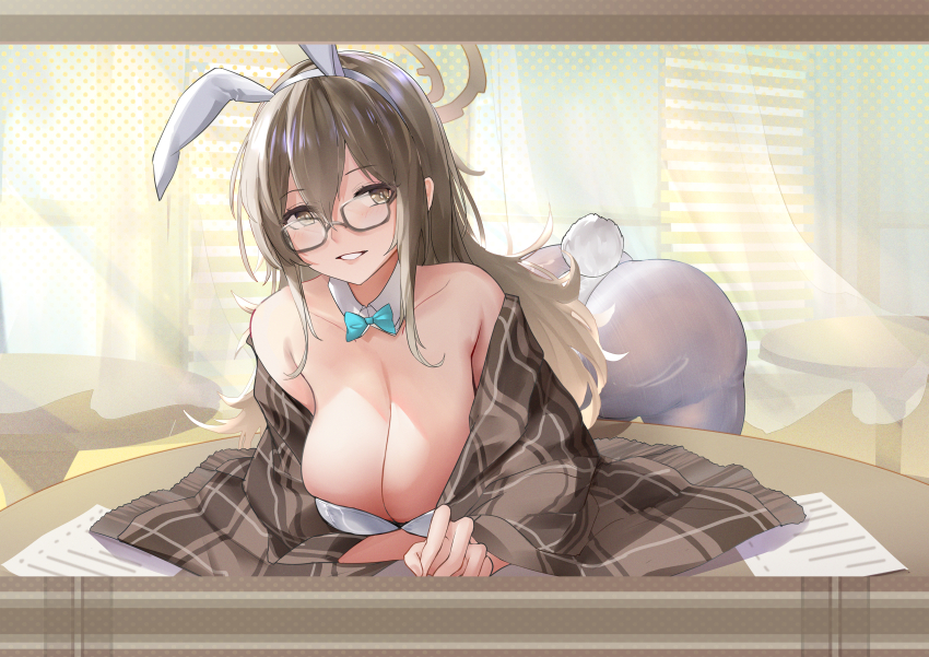 1girl, absurdres, akane_(blue_archive), akane_(bunny)_(blue_archive), animal_ears, aqua_bow, aqua_bowtie, ass