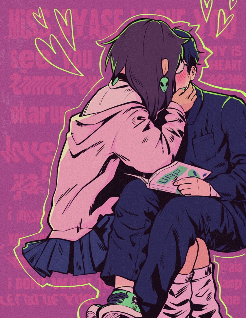 1boy, 1girl, al_(alalampone), aqua_nails, ayase_momo, black_choker, black_hair, black_jacket, black_pants, blue_skirt, blush, book, brown_hair, choker, commentary, couple, crossed_ankles, dandadan, dress_shirt, earrings, english_commentary, english_text, gakuran, glasses, green_footwear, hair_behind_ear, hand_on_another's_face, heads_together, heart, highres, holding, holding_book, jacket, jewelry, kiss, medium_hair, nail_polish, open_book, outline, pants, pendant_earrings, pink_background, pink_sweater, round_eyewear, school_uniform, shirt, shoes, sitting, sitting_on_lap, sitting_on_person, skirt, sneakers, socks, sweater, takakura_ken_(dandadan), white_shirt, white_socks, yellow_outline