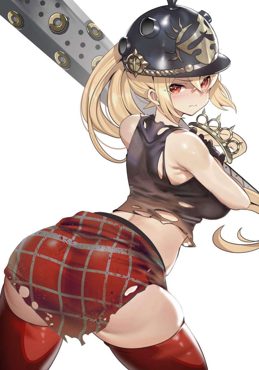 1girl, absurdres, ass, bare_shoulders, baseball_bat, black_gloves, black_shirt, blonde_hair