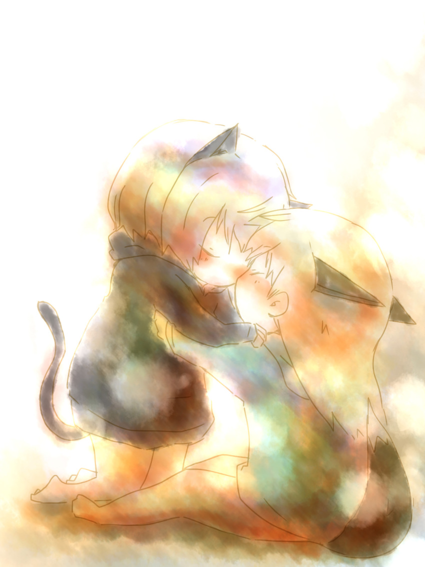 2girls, animal_ears, blonde_hair, blush, chibi, couple, eila_ilmatar_juutilainen, closed_eyes