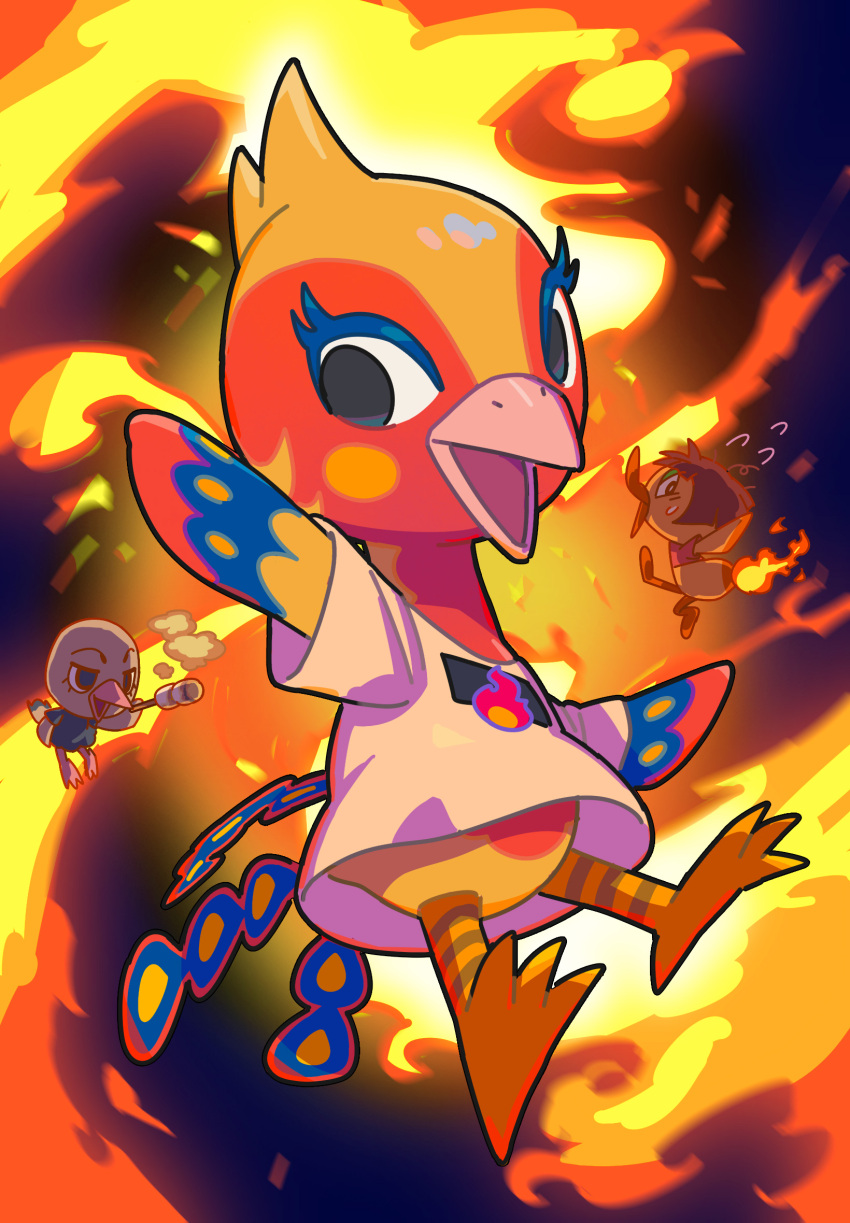 3girls, animal_crossing, beak, bird_girl, bird_tail, brown_hair, commentary, duck_girl