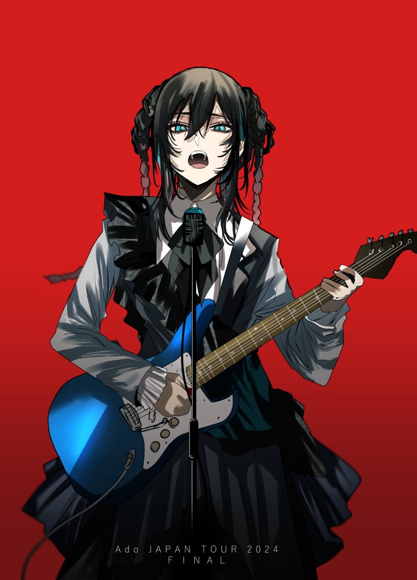 1girl, ado_(utaite), black_dress, black_hair, blue_eyes, blue_flower, blue_rose, braid, brooch, cable, chando_(ado), commentary_request, dress, electric_guitar, flower, flower_brooch, guitar, gunjyou_(gunjyou_00), hair_between_eyes, highres, holding, holding_guitar, holding_instrument, holding_plectrum, instrument, jewelry, long_hair, long_sleeves, looking_at_viewer, microphone, microphone_stand, mole, mole_under_eye, multicolored_hair, open_mouth, playing_guitar, playing_instrument, plectrum, red_background, rose, shoka_(ado), solo, streaked_hair, teeth, upper_teeth_only, utaite