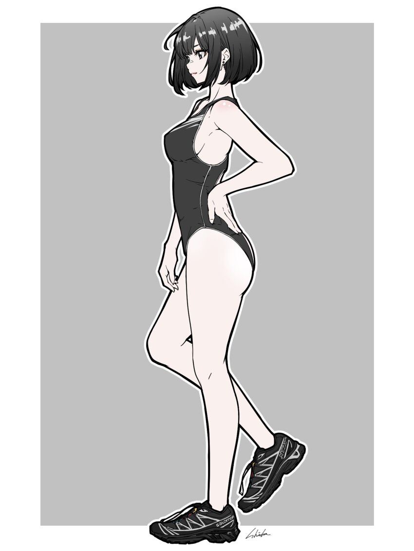 1girl, absurdres, bambi_surprise, bob_cut, border, breasts, ear_piercing, from_side