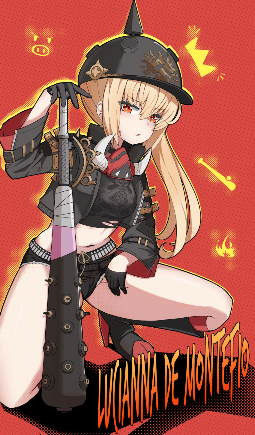 1girl, absurdres, akaruii_31, baseball_bat, black_boots, black_gloves, black_jacket, black_shorts