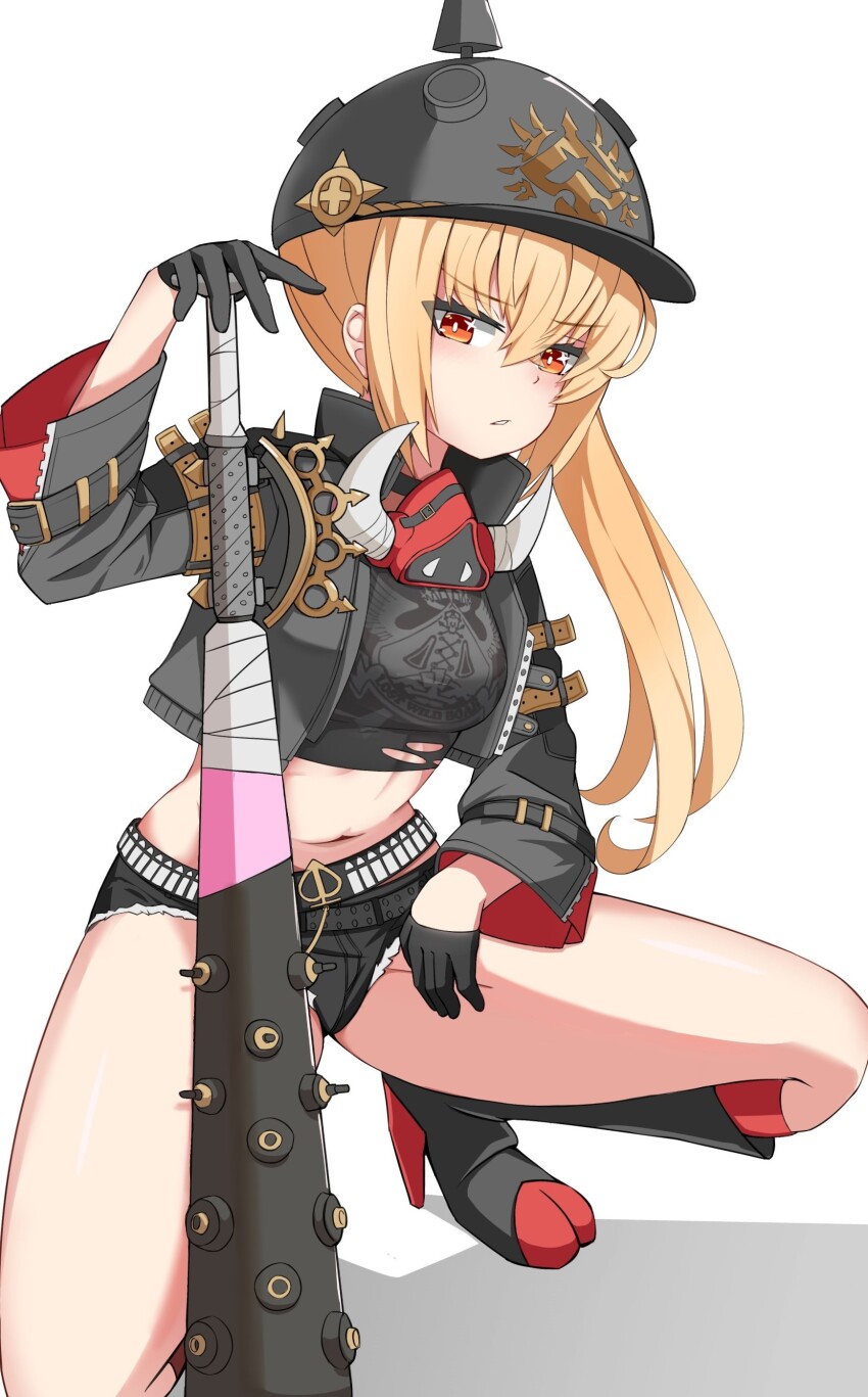 1girl, absurdres, akaruii_31, baseball_bat, black_boots, black_gloves, black_jacket, black_shorts, blonde_hair, blush, boots, gloves, hair_between_eyes, half_gloves, highres, holding, holding_baseball_bat, jacket, legs, long_hair, looking_at_viewer, luciana_de_montefio, midriff, navel, parted_lips, red_eyes, shadow, short_shorts, shorts, side_ponytail, sidelocks, simple_background, solo, thighs, white_background, zenless_zone_zero