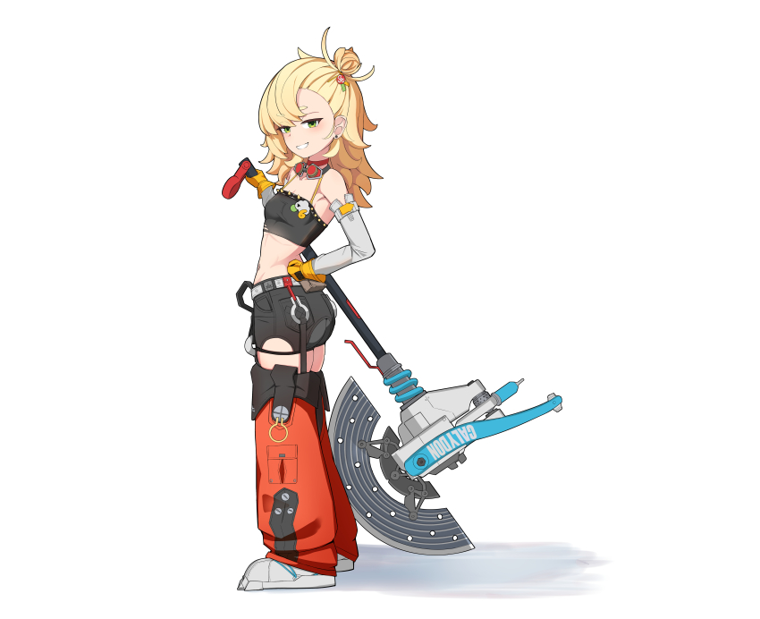 1girl, absurdres, akaruii_31, black_shorts, blonde_hair, blush, breasts, clenched_teeth