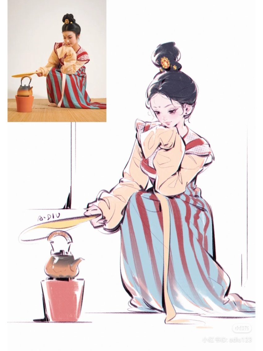 1girl, adiu, bad_source, black_hair, chinese_clothes, dress, hair_bun, hand_on_own_chin