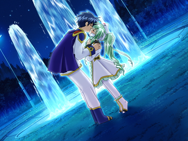 00s, 1boy, 1girl, bent_over, closed_eyes, dutch_angle, fountain, galaxy_angel