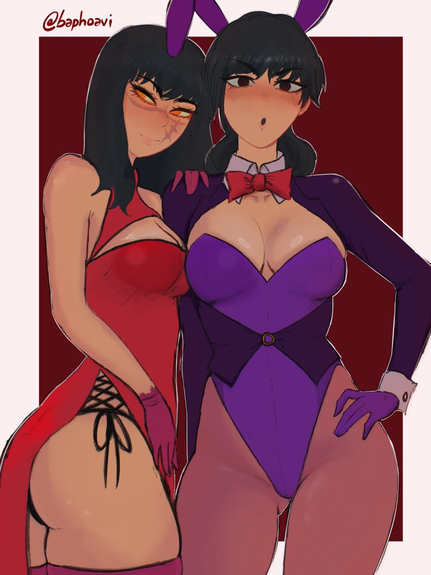 2girls, absurdres, alternate_breast_size, alternate_costume, animal_ears, ass, baphoavi, black_hair, blush, bow, bowtie, breasts, chainsaw_man, cleavage, cleavage_cutout, clothing_cutout, cross_scar, detached_collar, dress, dual_persona, facial_scar, fake_animal_ears, gloves, hand_on_another's_shoulder, hand_on_own_hip, highleg, highleg_leotard, highres, jacket, large_breasts, leotard, long_eyelashes, long_hair, looking_at_viewer, mitaka_asa, multiple_girls, open_mouth, orange_eyes, pantyhose, pink_lips, playboy_bunny, purple_gloves, purple_jacket, purple_leotard, red_bow, red_bowtie, red_dress, ringed_eyes, scar, scar_on_cheek, scar_on_face, side_slit, sleeveless, sleeveless_dress, smile, strapless, strapless_leotard, thighhighs, traditional_bowtie, yoru_(chainsaw_man)
