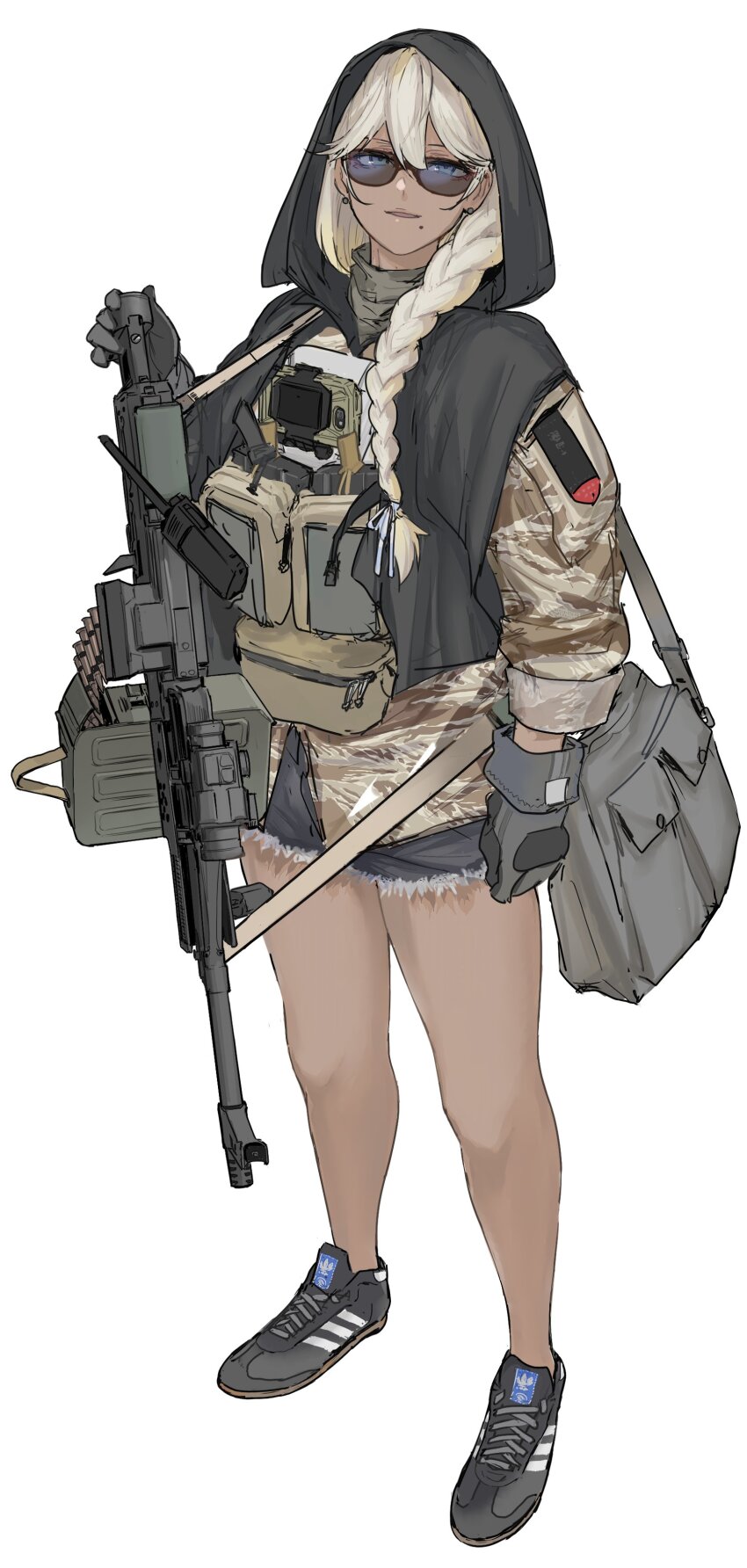 1girl, absurdres, action_camera, alma01, ammunition_pouch, bag, black_hood, black_poncho