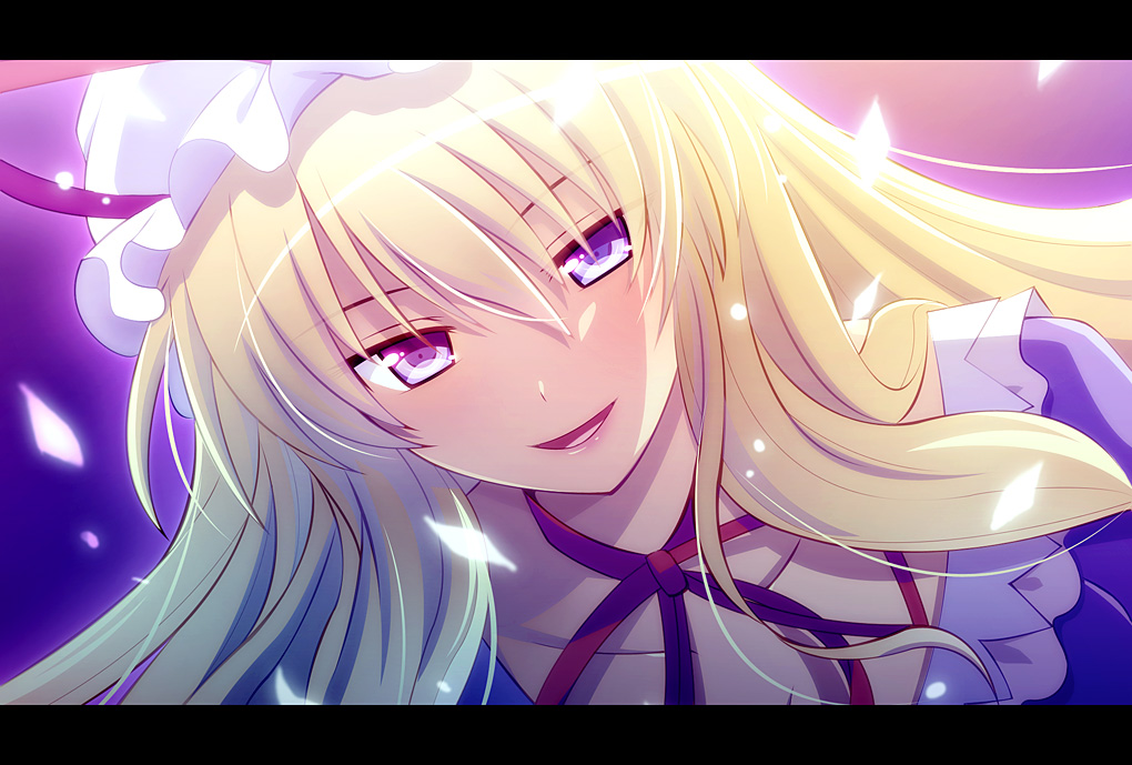 1girl, blonde_hair, female_focus, happy, hat, letterboxed, light_smile, long_hair, minase_kuuru, purple_eyes, ribbon, smile, solo, touhou, yakumo_yukari