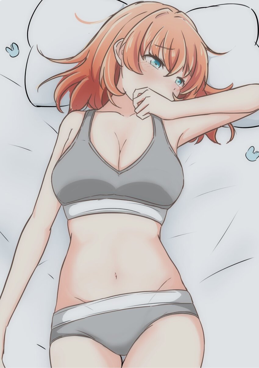 1girl, aqua_eyes, averting_eyes, blush, bra, breasts, calvin_klein, cleavage, collarbone, commentary_request, covering_own_mouth, cowboy_shot, crossed_bangs, daime_(hyahhaa10), grey_bra, grey_panties, groin, hair_down, hair_ornament, hand_over_own_mouth, head_on_pillow, highres, hinoshita_kaho, link!_like!_love_live!, love_live!, medium_breasts, medium_hair, navel, on_bed, orange_hair, panties, pillow, rabbit_hair_ornament, solo, stomach, thigh_gap, underwear, underwear_only, unworn_hair_ornament, virtual_youtuber
