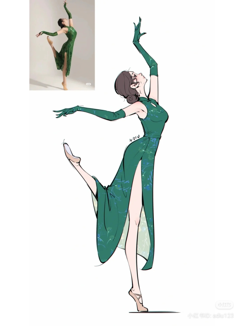 1girl, adiu, ballerina, ballet, ballet_slippers, black_hair, brown_hair, china_dress, chinese_clothes, cleavage_cutout, clothing_cutout, dancing, dress, elbow_gloves, full_body, gloves, green_dress, green_gloves, hair_bun, highres, long_legs, mandarin_collar, original, pale_skin, photo-referenced, photo_(medium), photo_inset, side_slit, tiptoes
