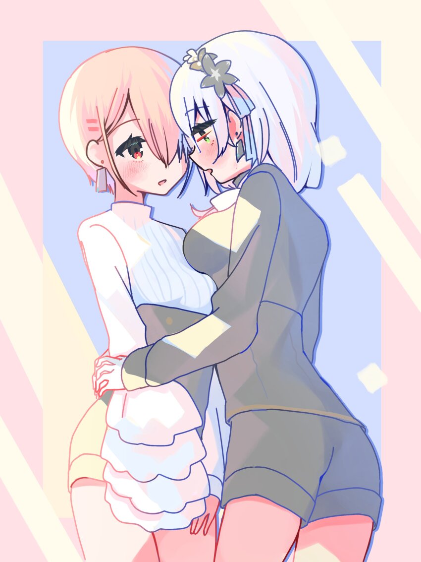 10_(sei), 2girls, absurdres, black_shorts, blonde_hair, breasts, glasses, green_eyes