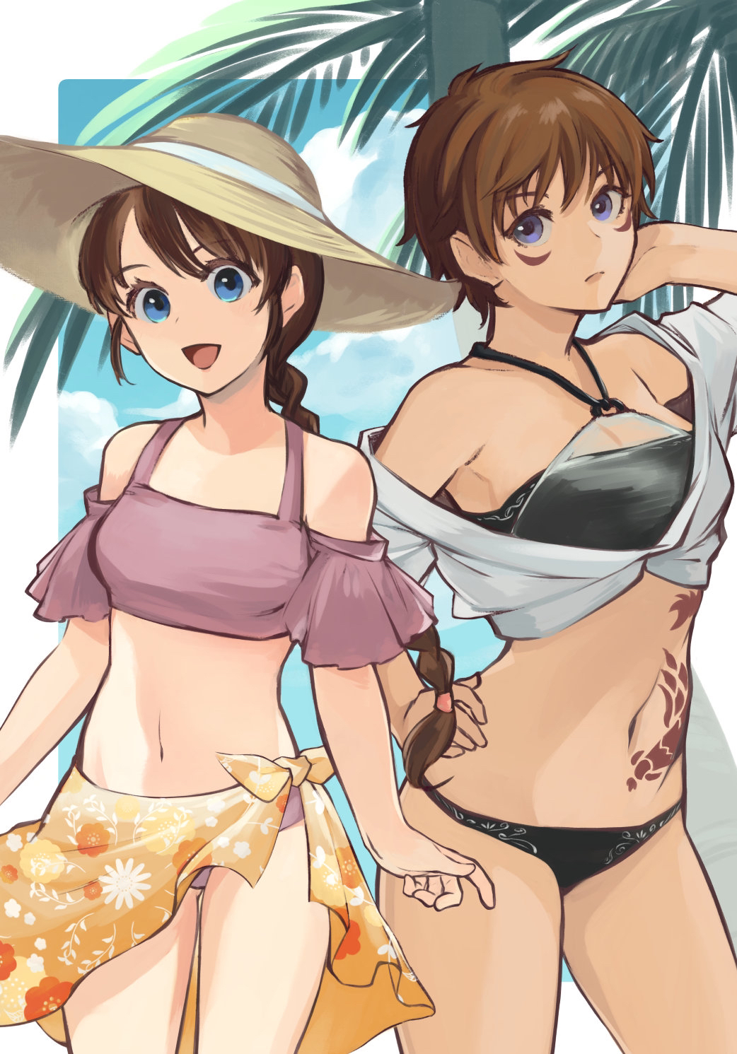 2girls, :d, bare_shoulders, beach, bikini, black_bikini, blue_eyes, braid, braided_ponytail, breasts, brown_hair, cleavage, commentary, cowboy_shot, day, epona_(ys), gluteal_fold, hand_on_own_hip, hat, highres, long_hair, looking_at_viewer, medium_breasts, midriff, multiple_girls, navel, open_mouth, outdoors, palm_tree, pink_bikini, polymer_chan, ponytail, sarong, short_hair, single_braid, sky, smile, standing, stomach_tattoo, straw_hat, sun_hat, swimsuit, tattoo, tree, ys, ys_origin, yunica_tovah