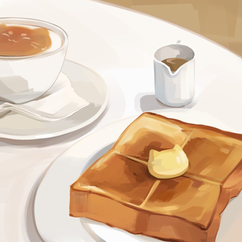 breakfast, butter, cafe_au_lait, cat, coffee, commentary, container, food