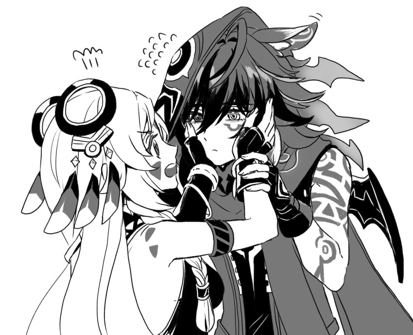 1boy, 1girl, animal_ears, aoyagi_(ao0701yagi), armlet, asymmetrical_gloves, backless_leotard, bare_shoulders