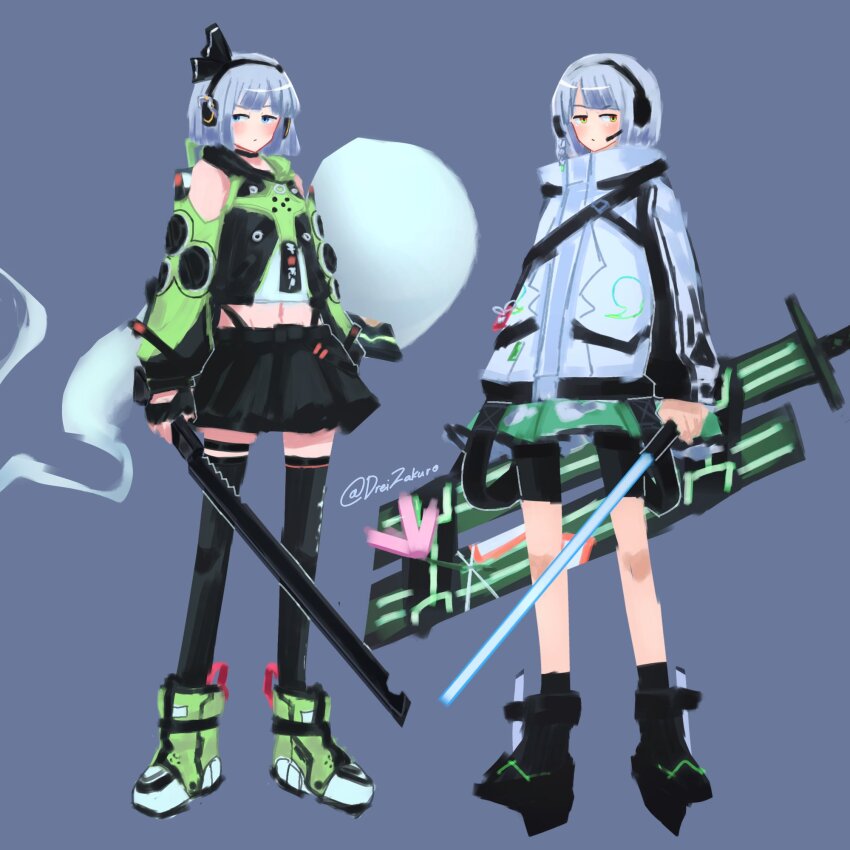 2girls, anby_demara, anby_demara_(cosplay), black_footwear, black_jacket, black_skirt, black_thighhighs, cosplay, costume_switch, dreizakuro, green_footwear, green_jacket, green_skirt, grey_hair, headphones, highres, holding, holding_sword, holding_weapon, jacket, konpaku_youmu, konpaku_youmu_(cosplay), konpaku_youmu_(ghost), konpaku_youmu_(lunar_war_gardener), look-alike, multicolored_jacket, multiple_girls, skirt, sword, thighhighs, touhou, touhou_lostword, two-tone_jacket, weapon, white_jacket, zenless_zone_zero