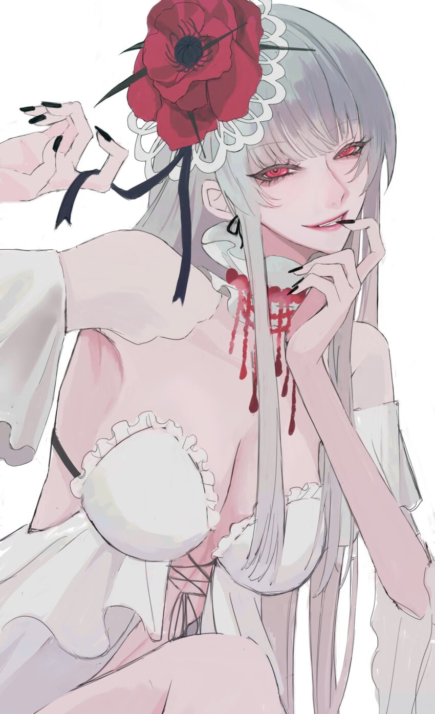 1girl, babydoll, black_nails, breasts, cleavage, collar, collarbone, commentary, coquelic_(path_to_nowhere), cross-laced_clothes, detached_sleeves, fang, fascinator, finger_to_mouth, flower, frilled_collar, frills, hair_flower, hair_ornament, hashtag-only_commentary, highres, knee_up, linea_alba, long_hair, looking_at_viewer, medium_breasts, nail_polish, naruse_chika, navel, parted_lips, path_to_nowhere, poppy_(flower), red_eyes, red_flower, ribbon_earrings, sitting, smile, solo, stomach, straight_hair, upper_body, white_babydoll, white_hair